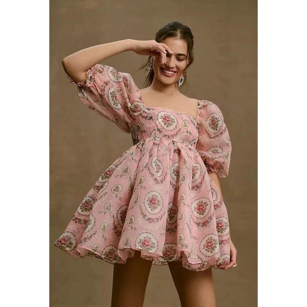 Pink Floral Puff-Sleeve Mini Dress